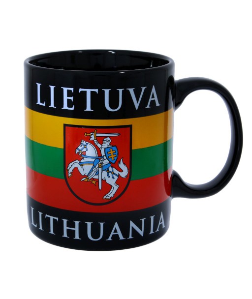 Juodas porcelianinis puodelis su Vyčiu ir Lietuvos vėliava